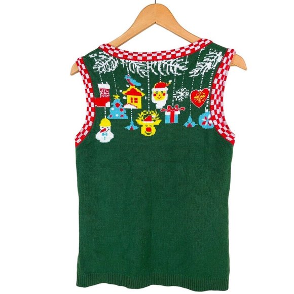 Christmas Sweater Vest Small Green And Red With Pixilated Deer, Ornaments, Santa - Picture 3 of 8